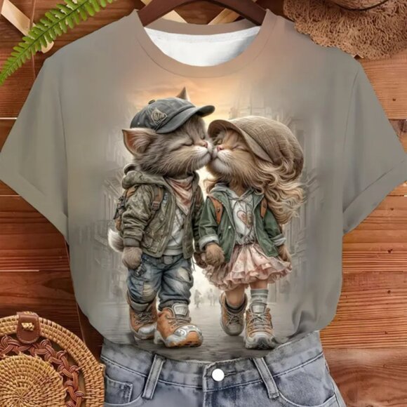 Cat T-Shirt, Girl and Boy Cat Kissing, Various Sizes Print is front and back - Picture 1 of 16